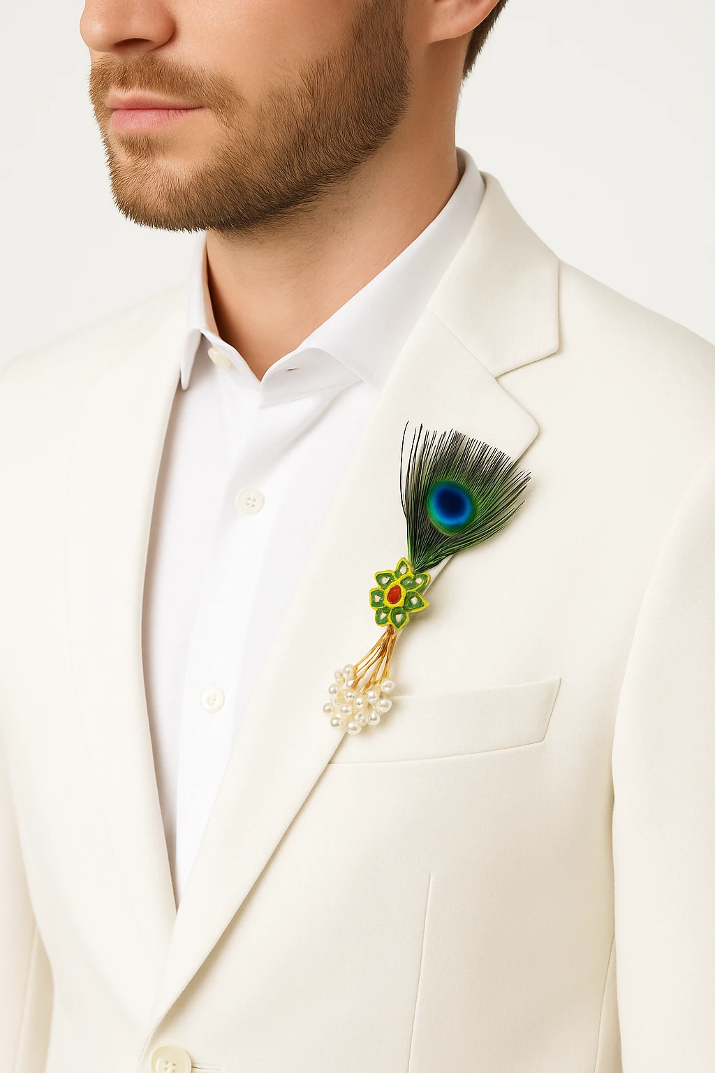Krishna Peacock Feather Pearl Tassel Brooch – Gold Plated Floral Lapel Pin with Pearl Dangle | Traditional Sherwani, Suit & Blazer Brooch for Men Wedding Accessories
