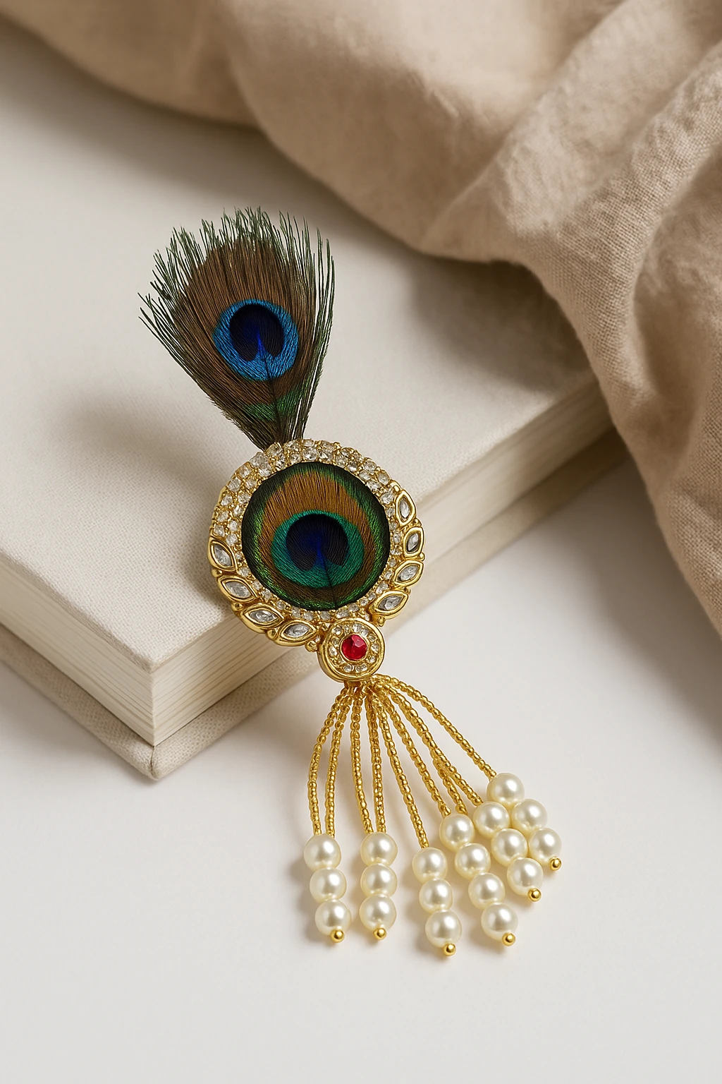 Handcrafted Peacock Feather Brooch with Pearl Tassels | Krishna Mor Pankh Inspired Decorative Pin | Traditional Ethnic Jewelry for Saree, Sherwani & Festive Wear