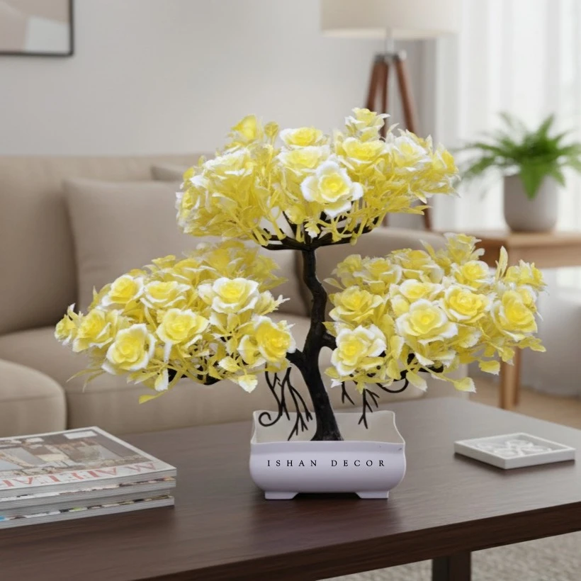 Ishan Decor Artificial Yellow Rose Flower Pot | Bonsai Style Decorative Plant for Home & Office