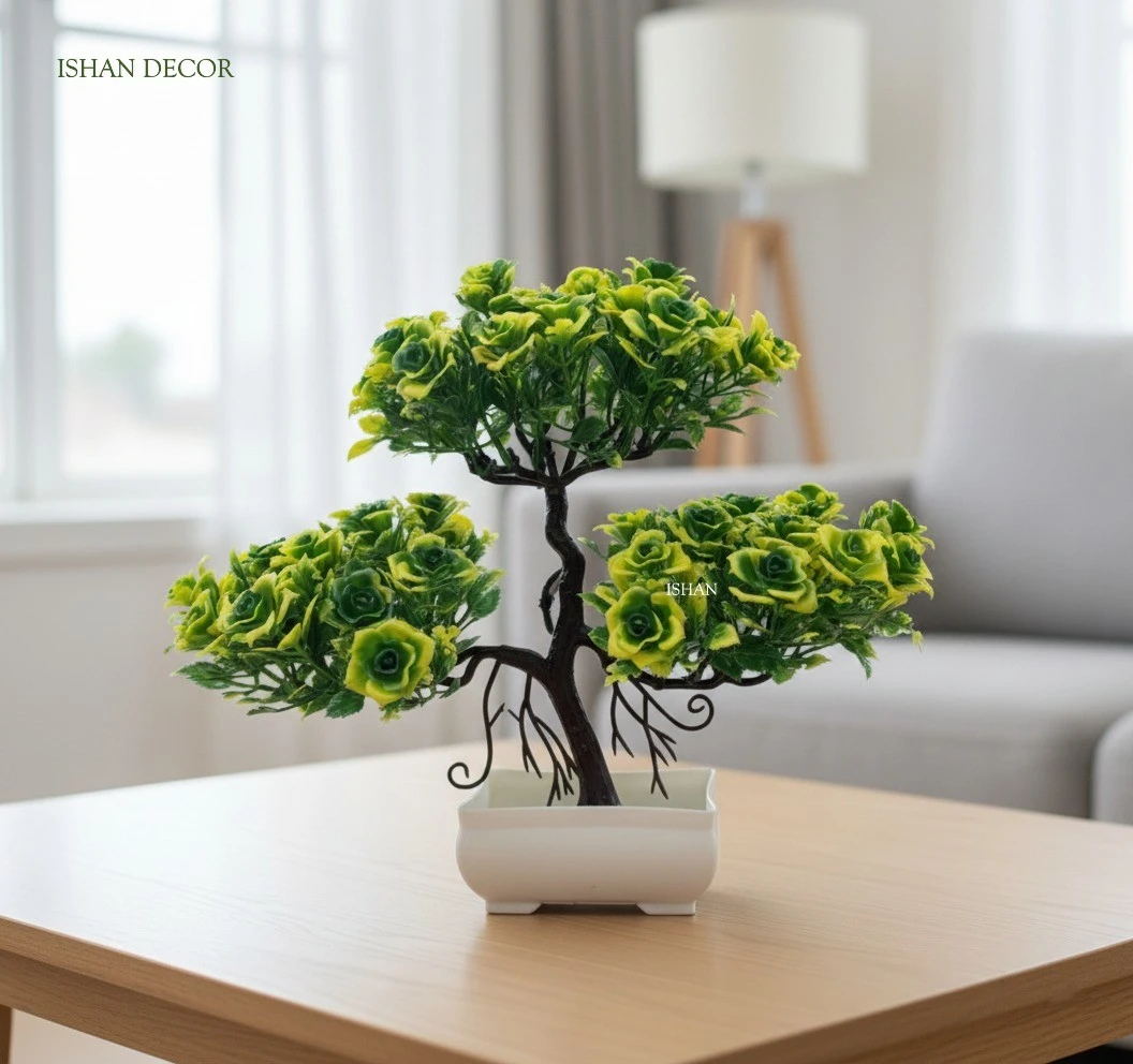 Ishan Decor Artificial Rose Flower Pot | Bonsai Style Decorative Plant for Home & Office